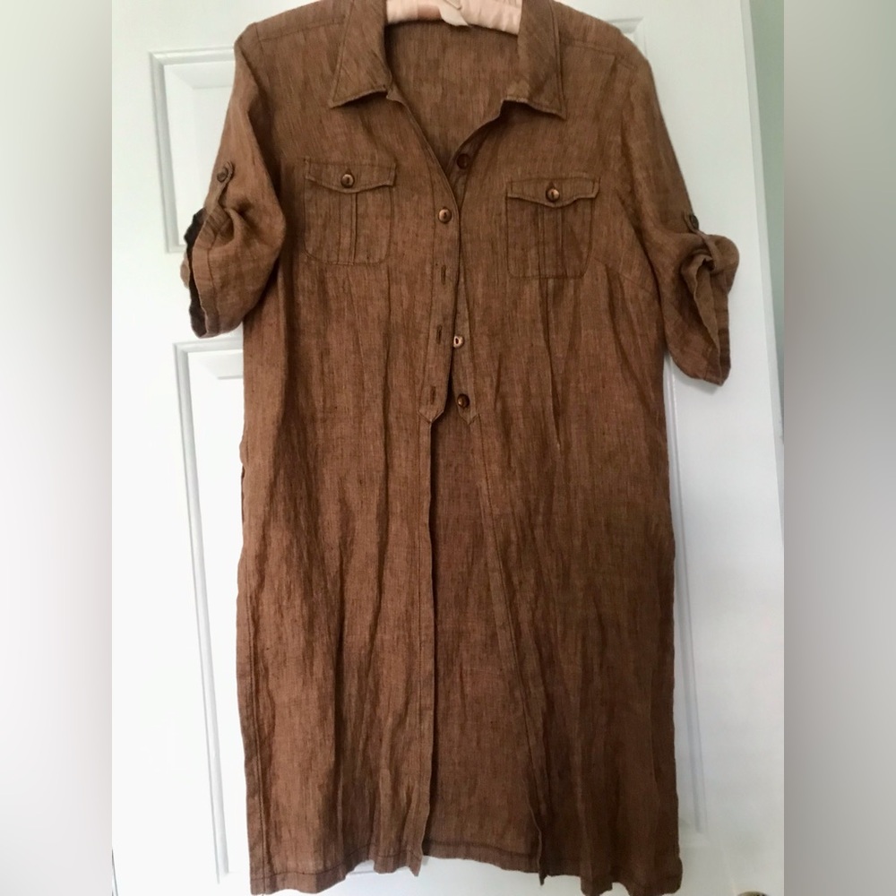 Steilmann Brown Shirt Dress or Tunic with side slits Size M Linen blend or 100%